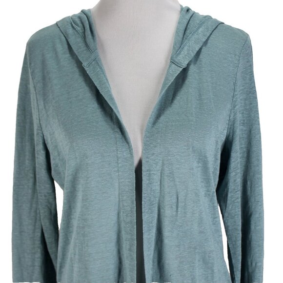 Tahari Hooded Linen Cardigan Womens Sz L Blue Long Sleeve Open Front Lightweight - Picture 2 of 7